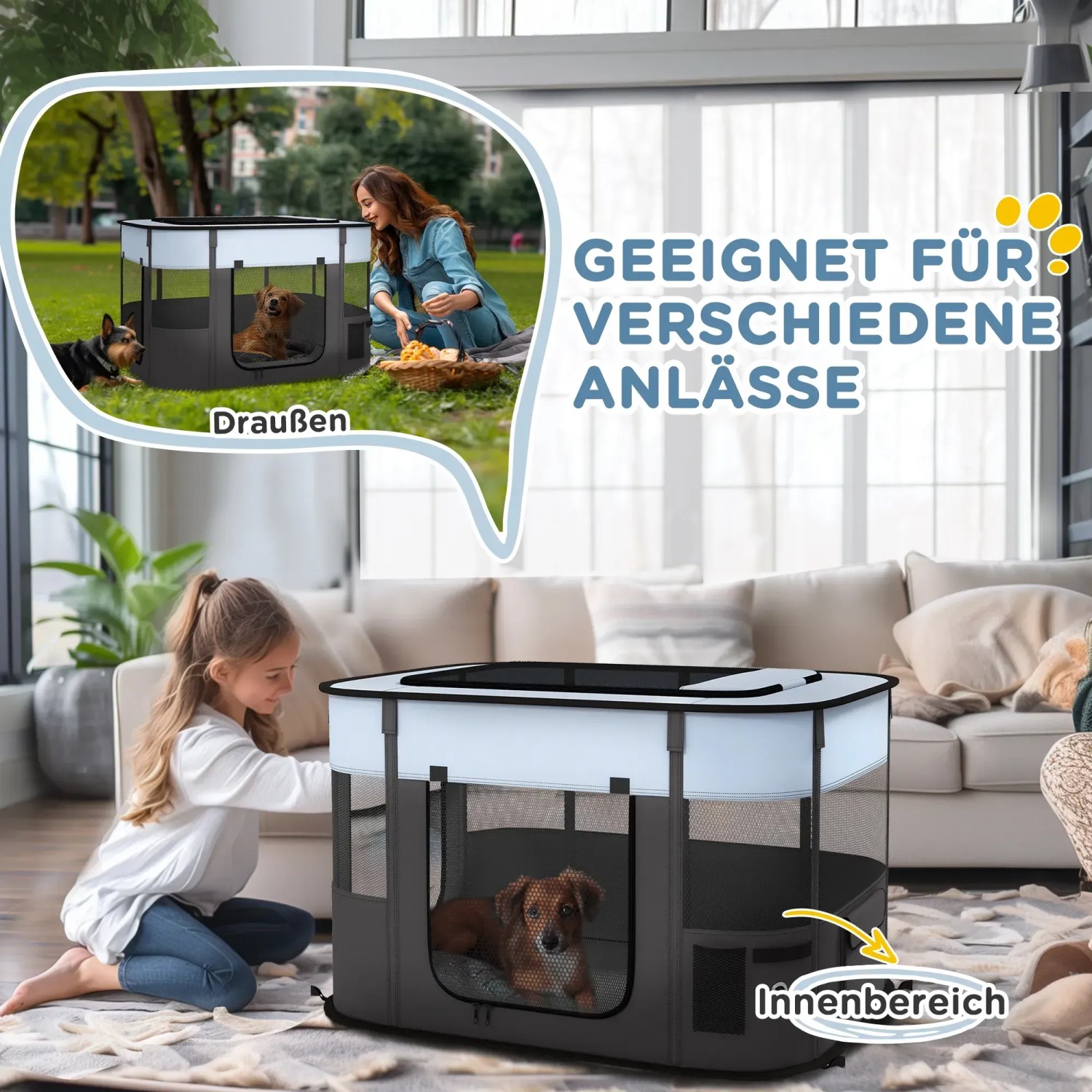 PawHut Welpenauslauf aus Oxford-Stoff mit Nylonnetz, grau, für drinnen und draußen.