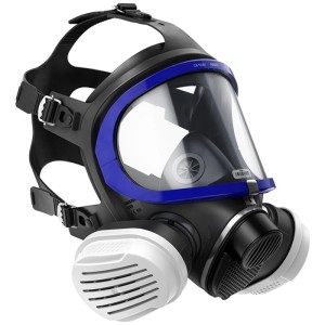 Dräger X-plore 5500 Vollmaske Lackiererset mit A2P3-Filtern. Schwarze Atemschutzmaske mit blauem Rahmen und großem Sichtfeld.