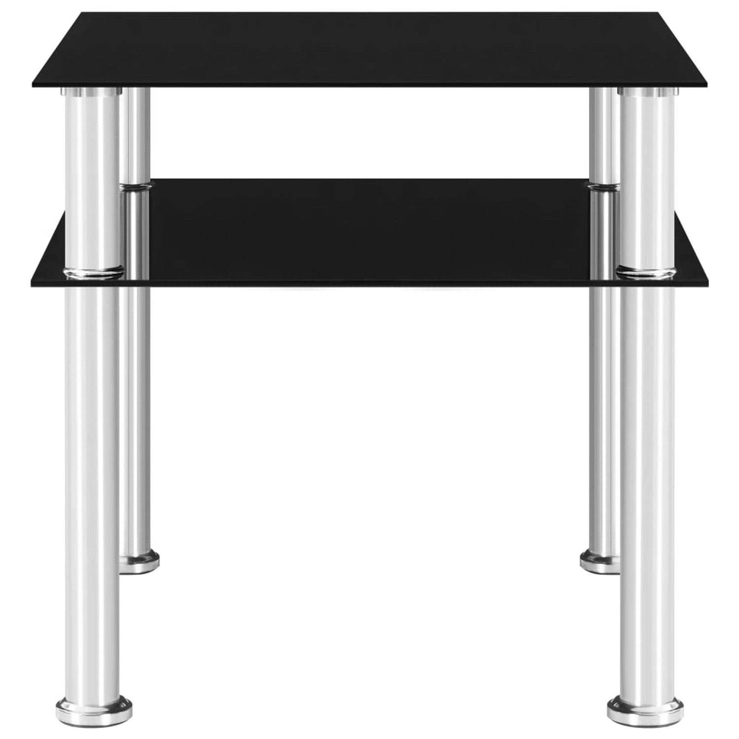 Schwarzer vidaXL Beistelltisch mit Hartglas-Platte und Edelstahlbeinen, 45x50x45 cm.