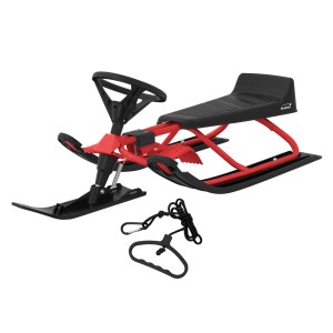 Roter Lenkschlitten für Kinder mit schwarzem Sitz und Lenkrad, geeignet ab 5 Jahren.