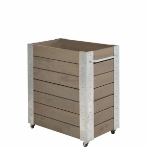 Graubrauner PLUS Pflanzkasten aus Holz mit Metallverstärkungen und Rädern. Mobiler Blumenkasten für Garten & Balkon.