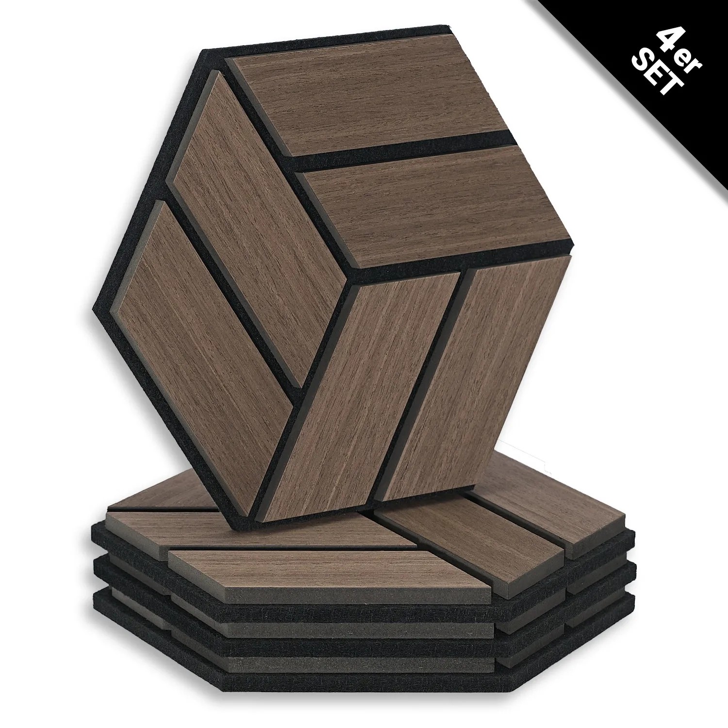 Homestyle4u Akustikpaneele Braun, 4er Set, Hexagon Wandpaneele aus Holz.