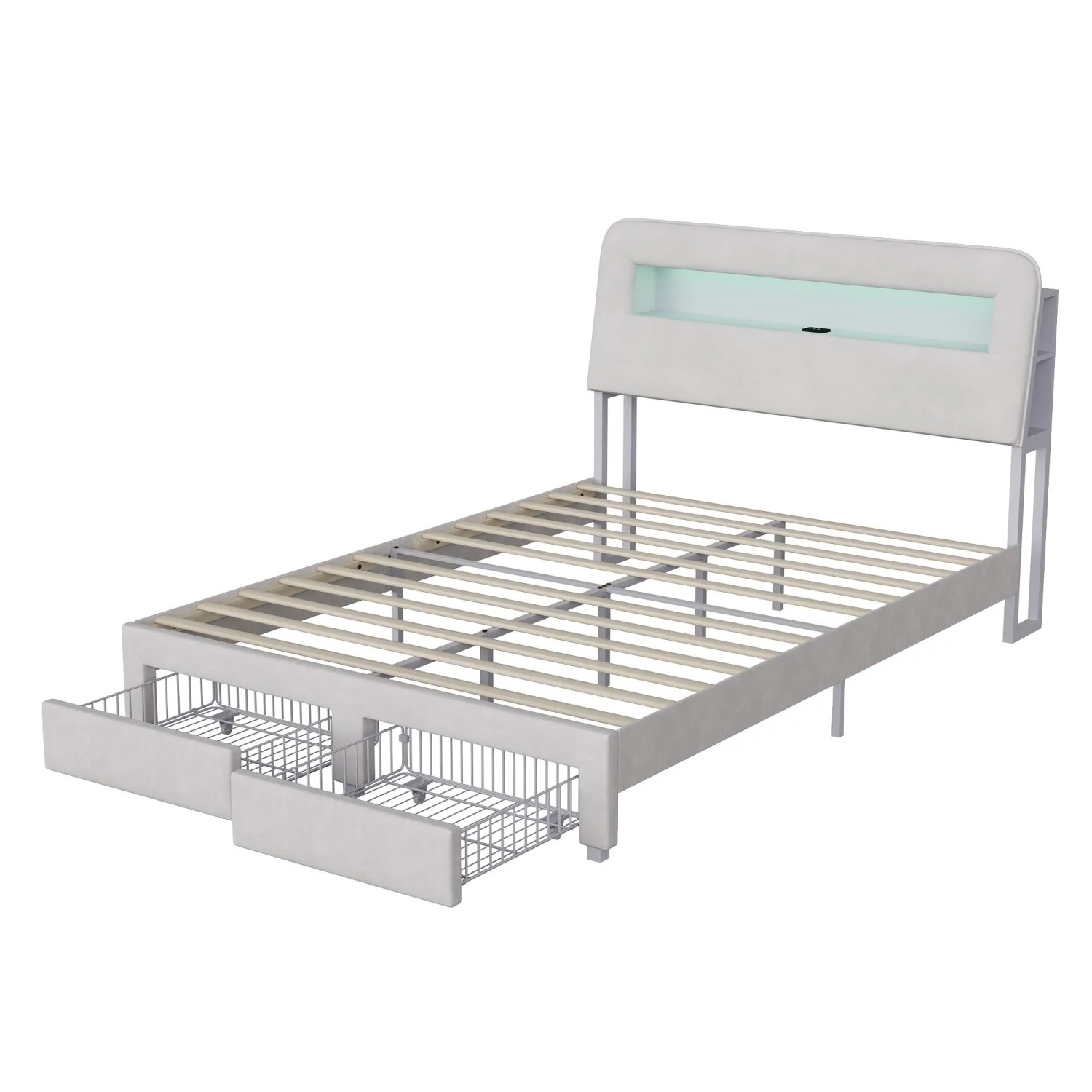 PXloue Polsterbett mit Schubladen-Stauraumbett 160x200cm mit Ladestation Cremefarben