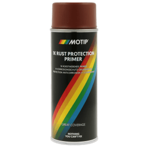 Dunkelgraue MOTIP 1K Korrosionsschutz Grundier Spraydose mit brauner Kappe und Regenbogen-Etikett für Lackreparatur.