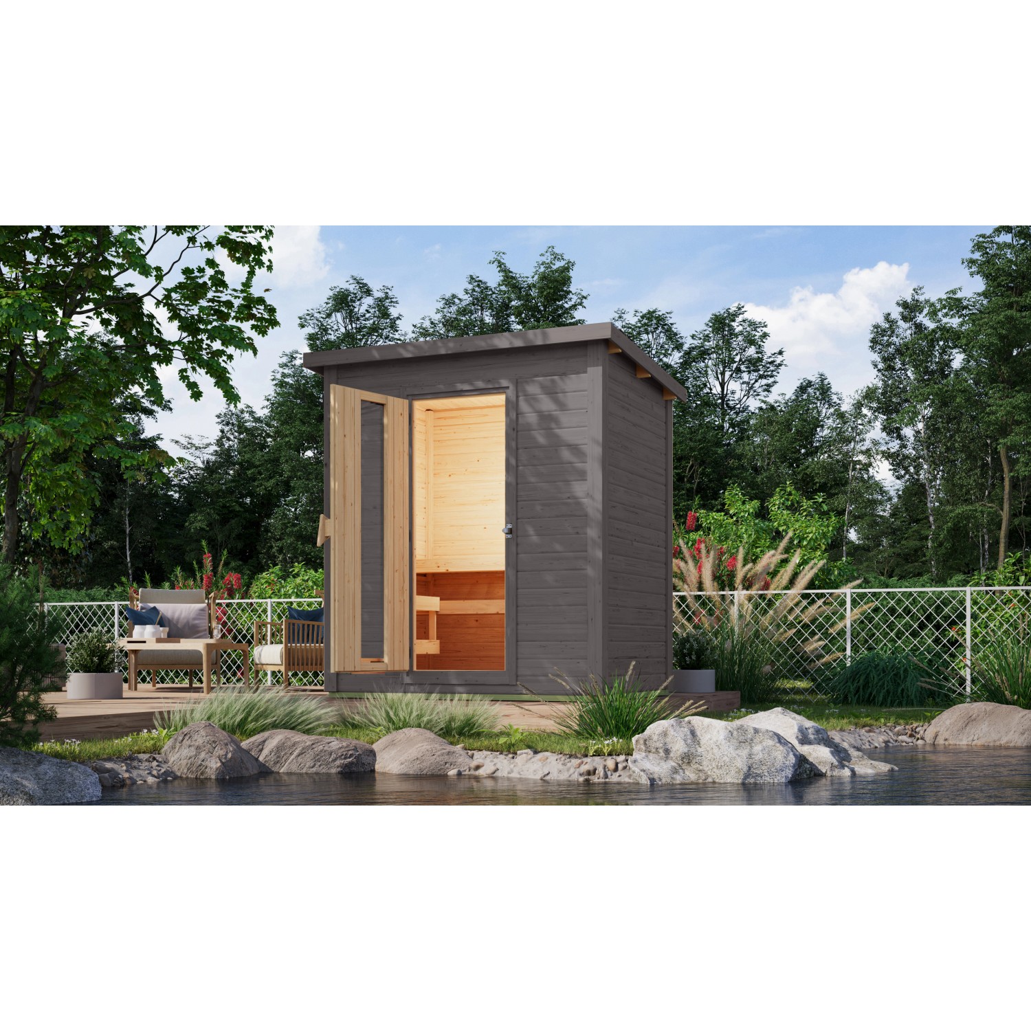 Karibu Saunahaus Arvi 1 Set mit Ofen 9 kW Externe Steuerung Bio Terragrau günstig online kaufen