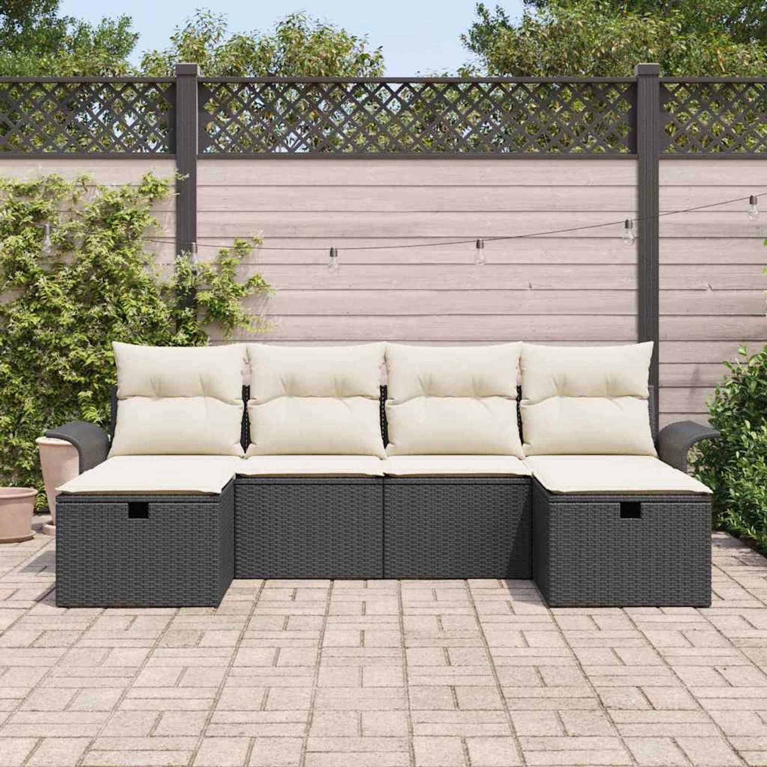 Schwarzes 6-tlg. vidaXL Garten-Sofa-Set aus Poly Rattan mit Kissen für den Außenbereich.