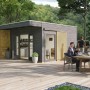 Modernes, schiefergraues Holz-Gartenhaus Tokio 4 von Skan Holz mit Flachdach und Terrasse.