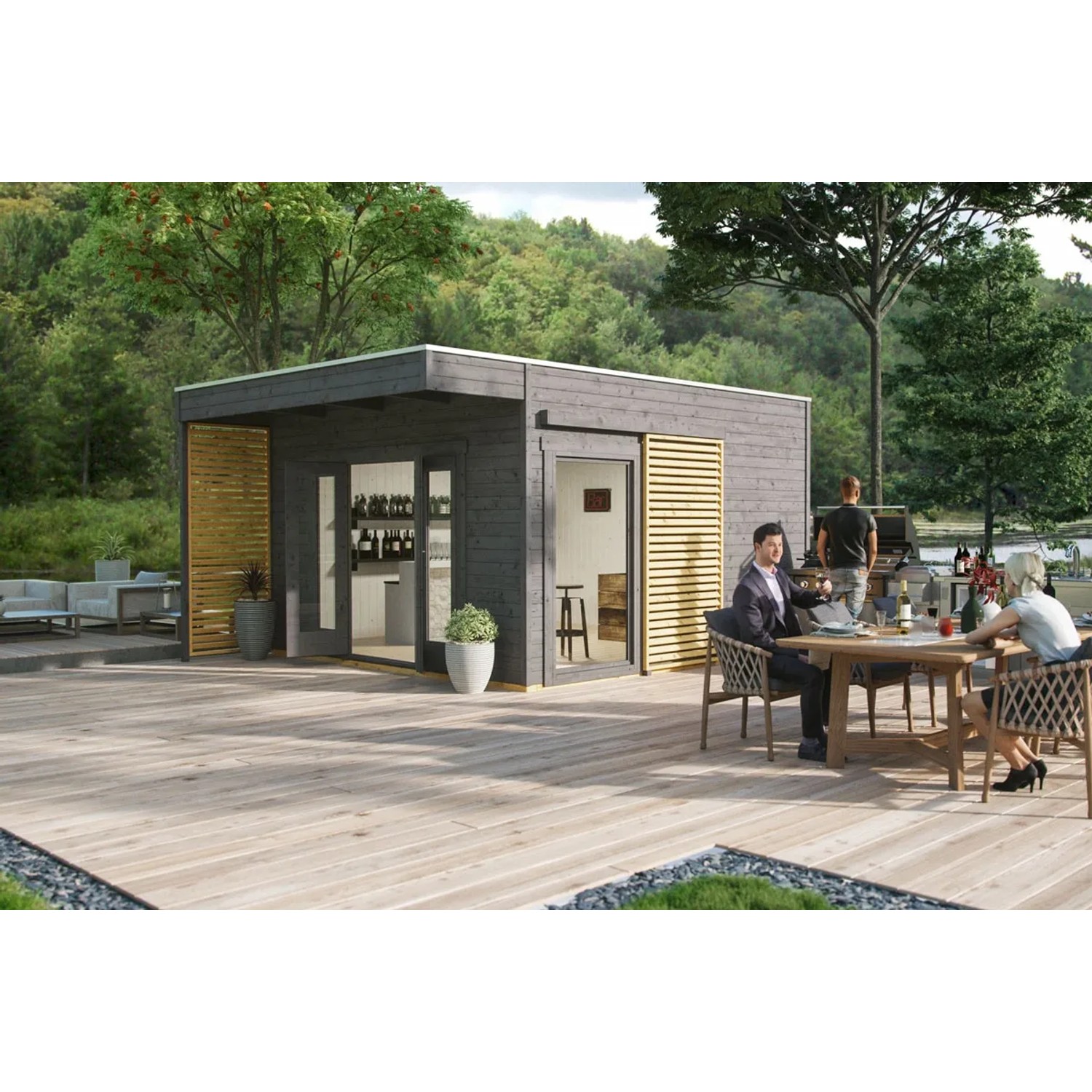 Modernes, schiefergraues Holz-Gartenhaus Tokio 4 von Skan Holz mit Flachdach und Terrasse.