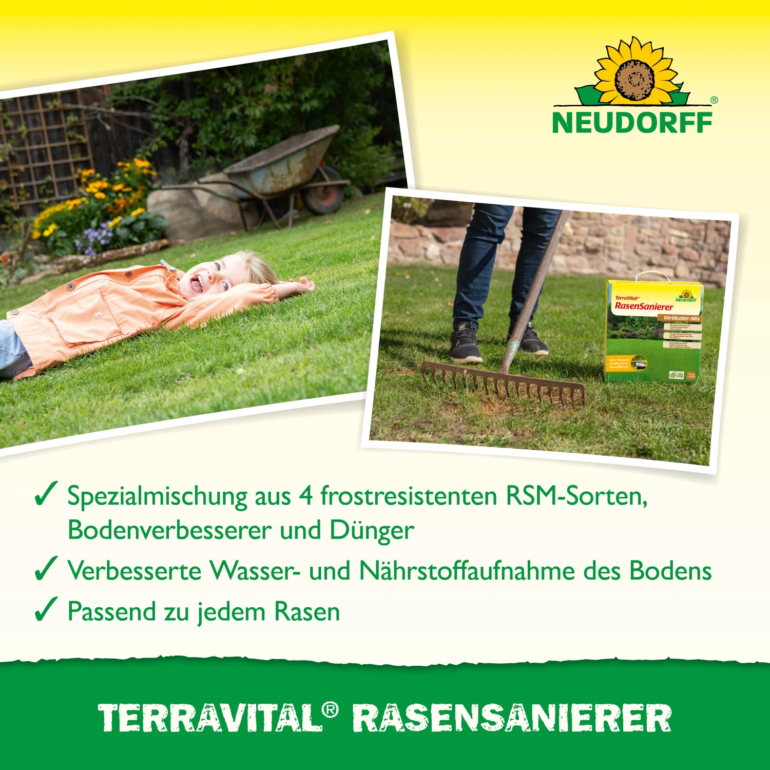 Neudorff TerraVital RasenSanierer 4,5 kg: Kind liegt im Rasen, Person harkt Rasen, Packung Rasensamen.