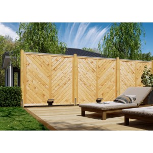 T & J Sunline Profilbrettzaun, 180x180 cm, pinienfarbig, mit diagonalen Brettern als Sichtschutz.