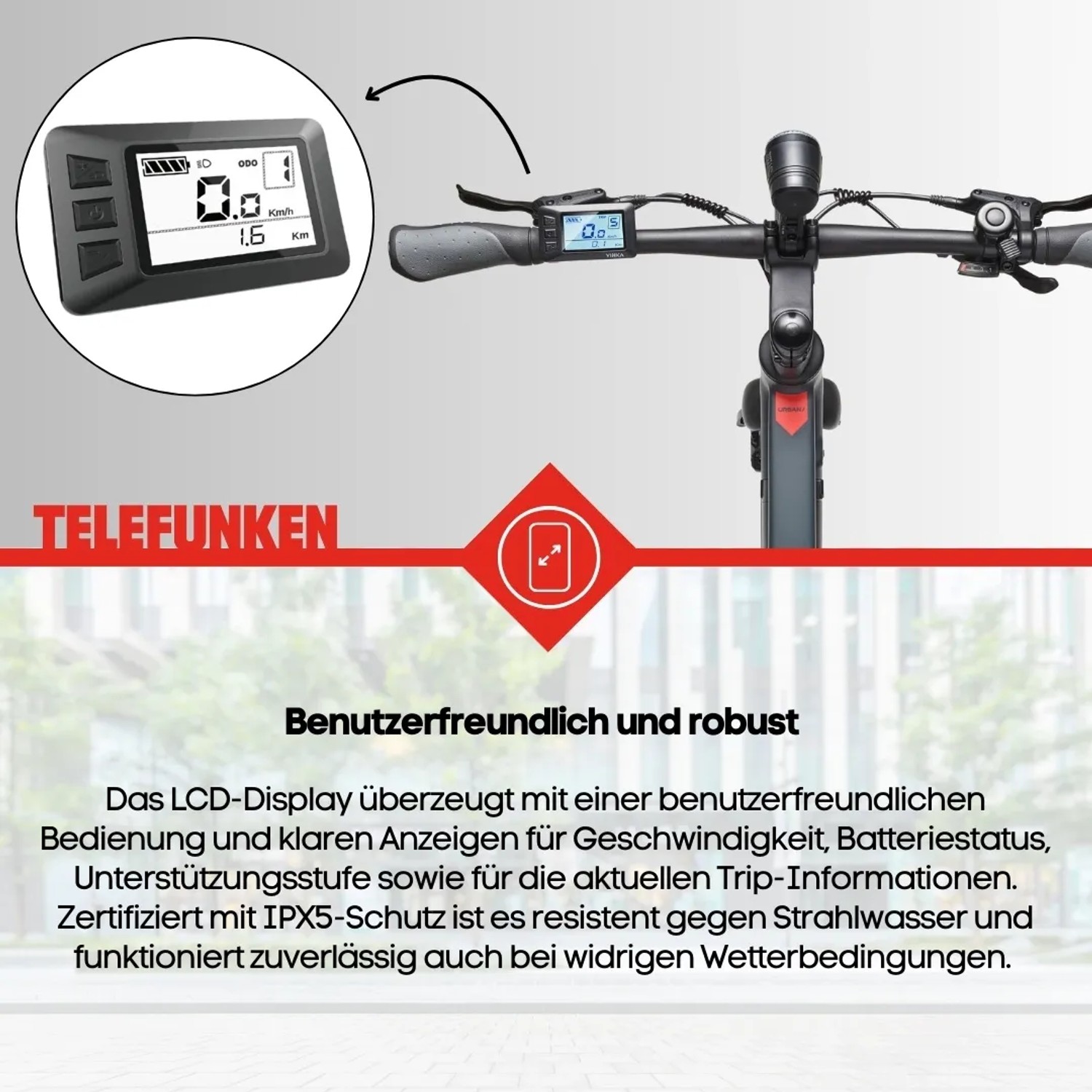 TELEFUNKEN E-Bike UH210: Nahaufnahme des LCD-Displays am Lenker, das Geschwindigkeit und Akkustand anzeigt.