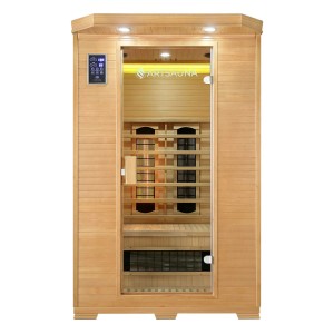 Artsauna Infrarotkabine Oslo aus Hemlockholz mit Glastür und Triplex Heizsystem.