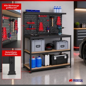 PROREGAL Profi Werkbank ARES Mit Werkzeug Lochwand155x120x60cm Inkl. 25-teiligem Werkzeughalter-Set Schwarz Werktisch Mit Lochplatte Arbeitstisch