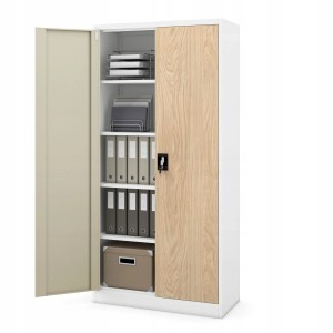 Jan Nowak Metallschrank, Aktenschrank mit Holzdekor, 4 Böden und Zylinderschloss.