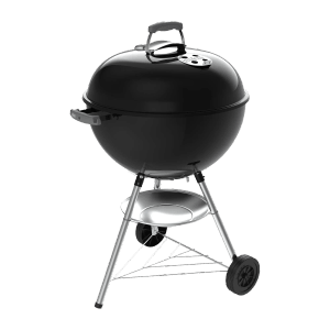 Schwarzer Weber Holzkohlegrill Bar-B Kettle 57 cm mit Deckelthermometer und Ascheauffangschale.