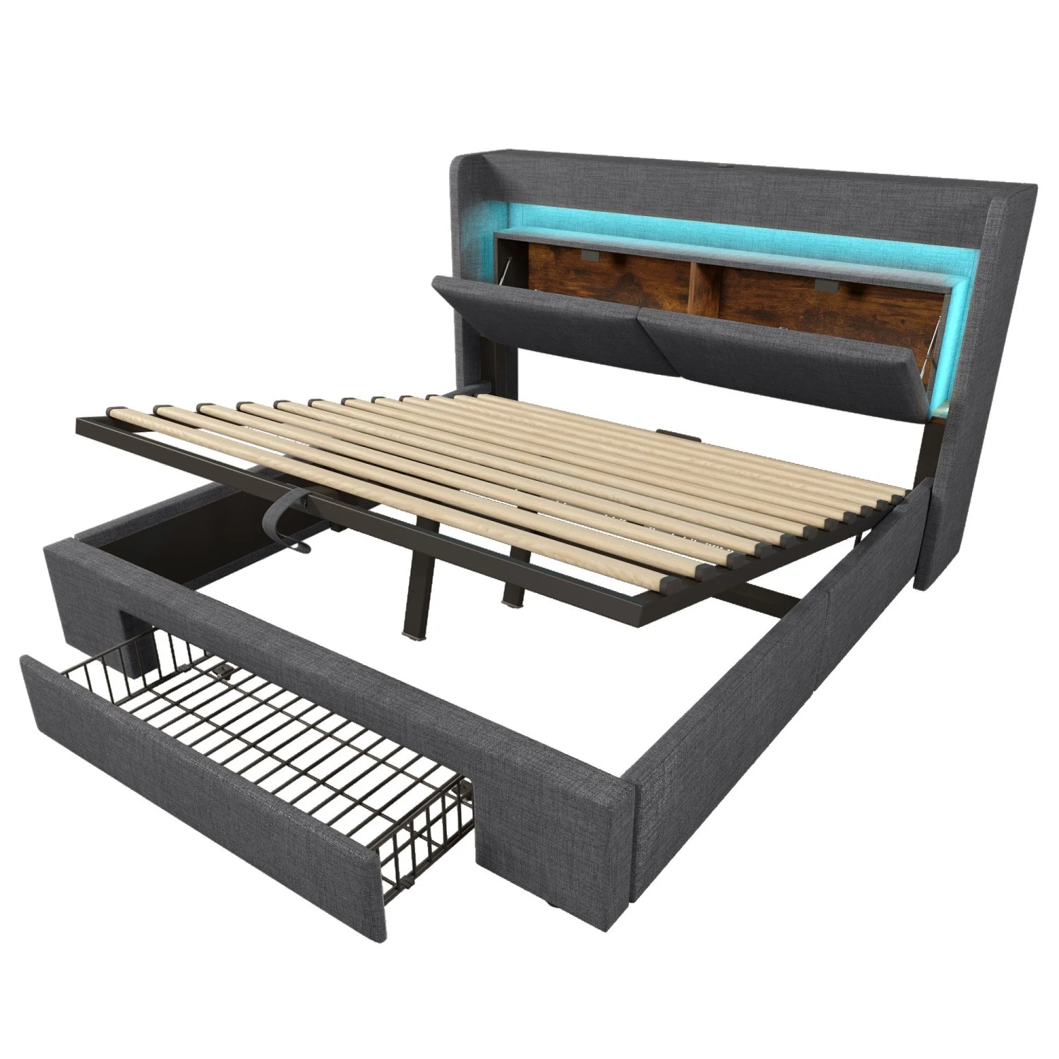 Merax Polsterbett 140x200cm LED USB-C Hydraulik Grau