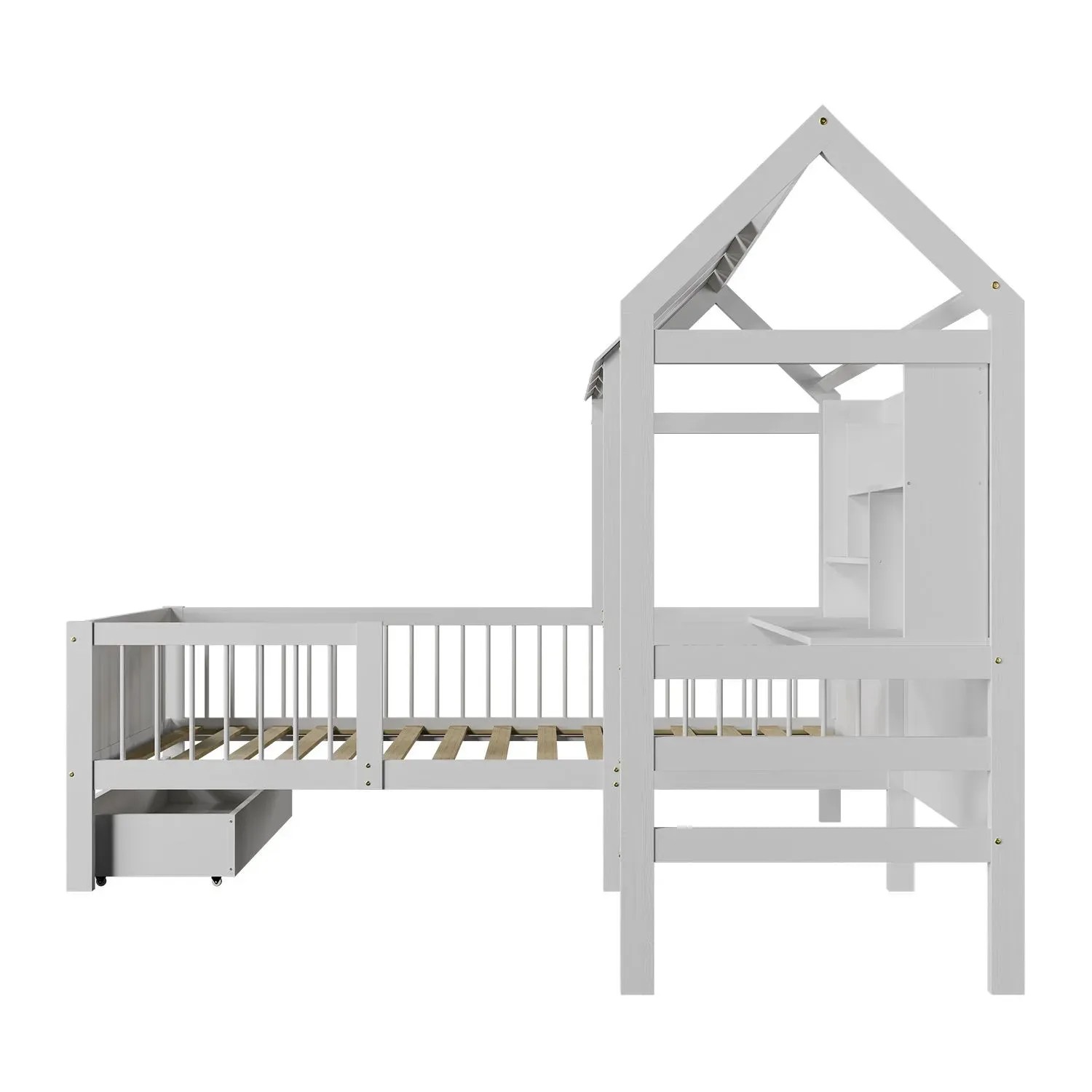 Weißes Juskys Kinderbett Yari 90x200 mit Schreibtisch und Schublade.