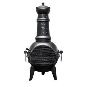 Buschbeck Mexiko-Ofen Leaf 107: Schwarzer Stahl-Ofen mit Grillfunktion und Blattmuster.