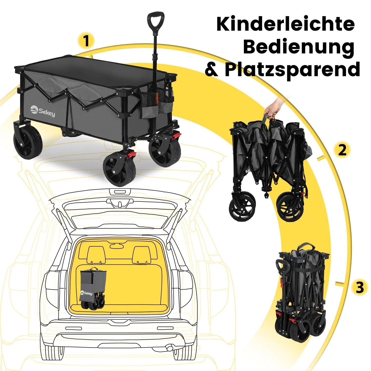 Sekey XXL Bollerwagen, faltbar, grau, 150L. Campingwagen mit Bremsen und Stauraum im Kofferraum.
