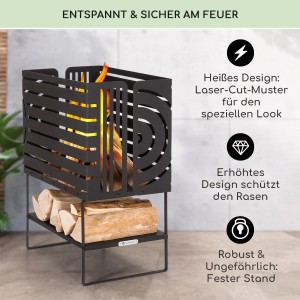 Blumfeldt Krakatoa Feuerkorb aus Stahl mit Holzablage und Laser-Cut-Design.