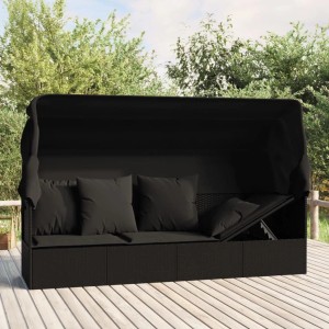 vidaXL Outdoor-Loungebett mit Dach und Kissen Schwarz Poly Rattan 319569