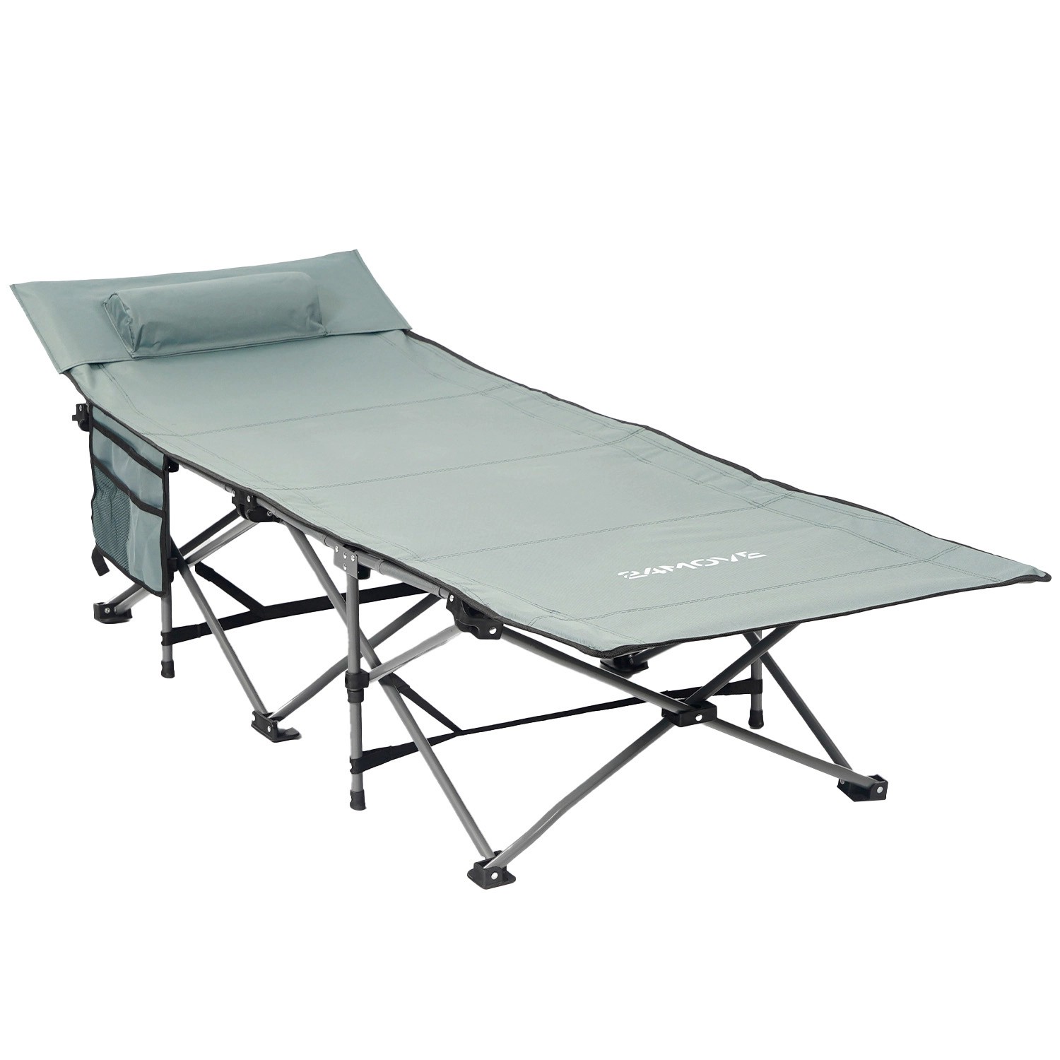 24MOVE Feldbett Campingbett 150 kg In und Outdoor Faltbar Seitentasche Kissen