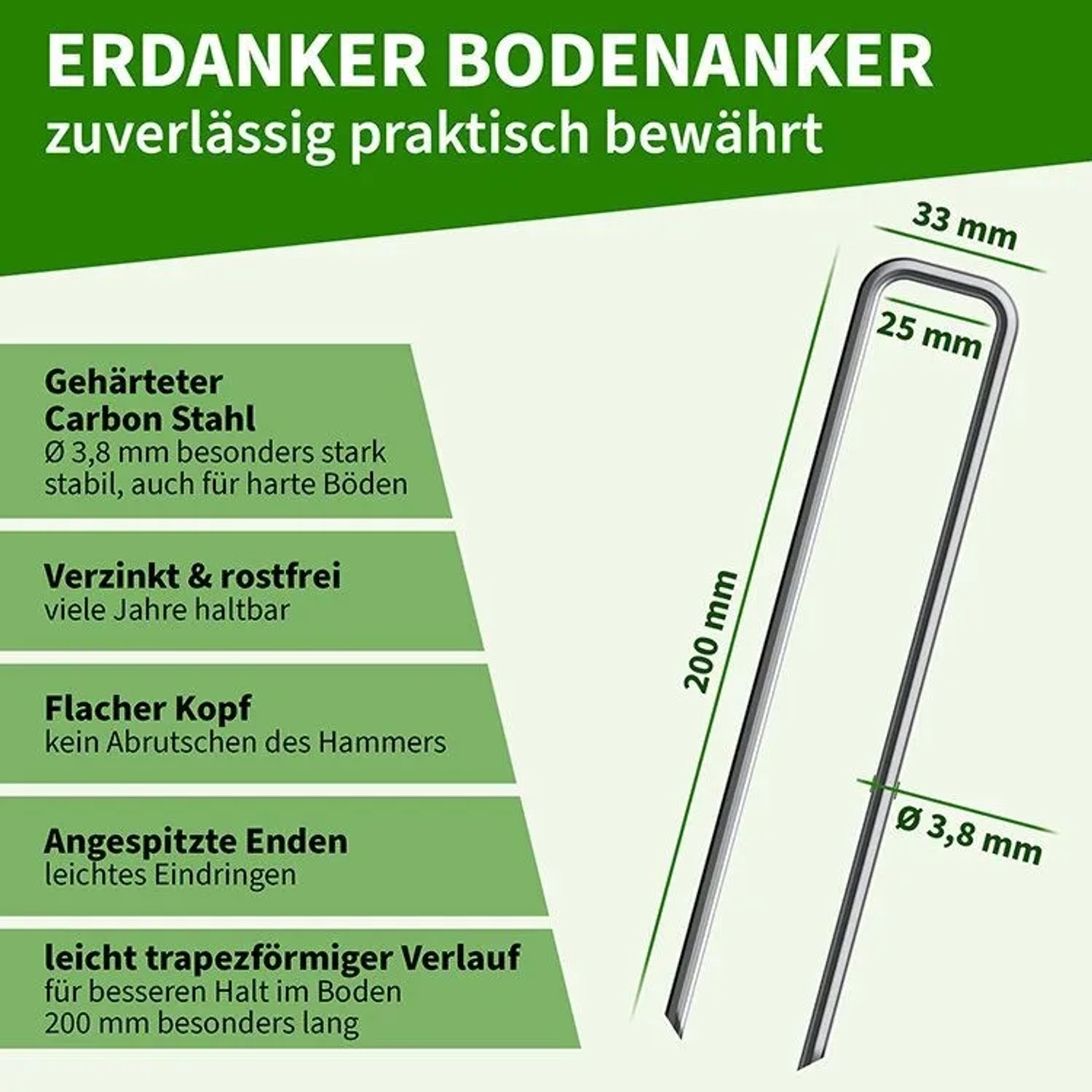 Verzinkter U-förmiger Erdanker aus Stahl, 200 mm lang, 3,8 mm Durchmesser, mit spitzen Enden für sicheren Halt im Garten und beim Camping.