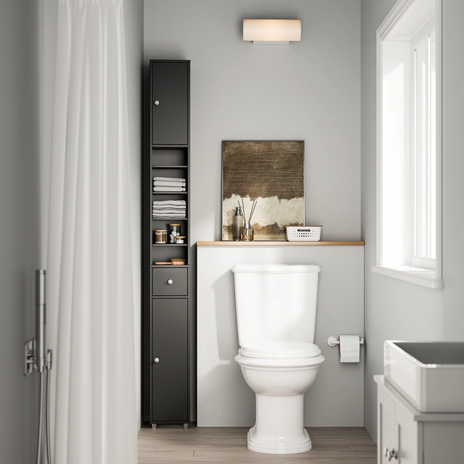 SoBuy Bad Hochschrank BZR34-II-SCH mit Regalböden, Schublade, schmal, schwarz. Badmöbel-Set.