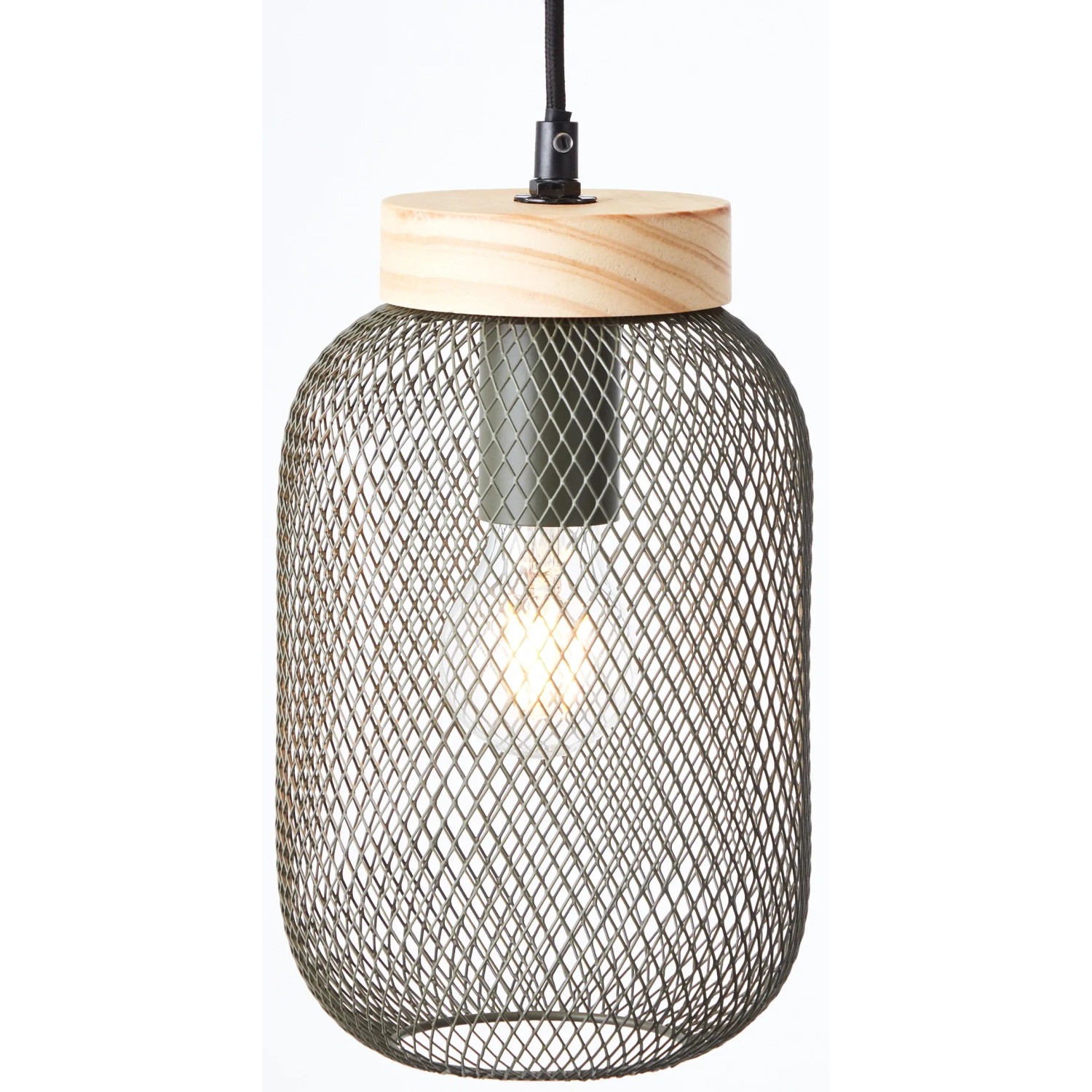 Olivgrüne Brilliant Pendelleuchte Giada mit Holzaufsatz und Metallgitter, Ø 16 cm.