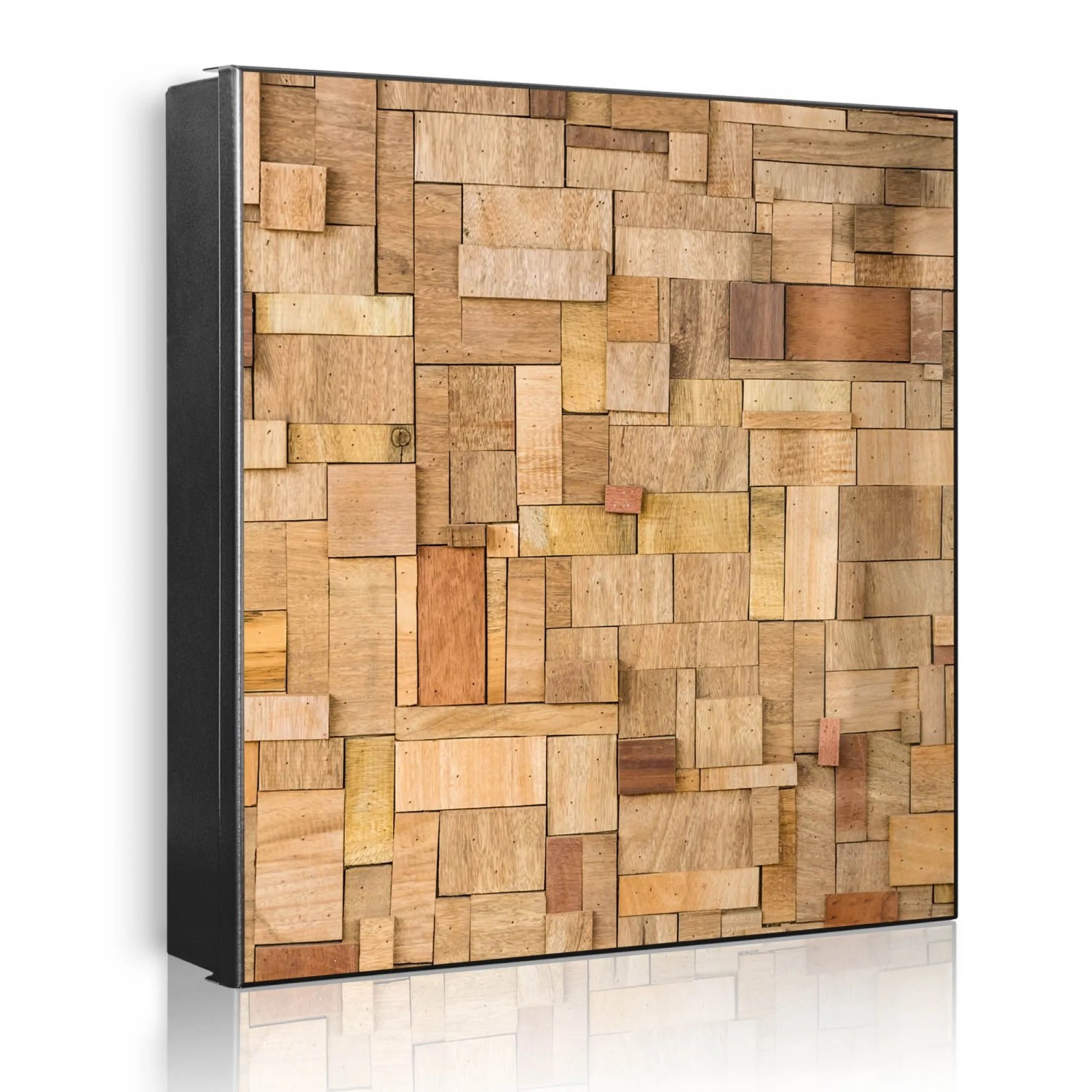 Banjado Großer Schlüsselkasten Metall 30x30cm Schwarz Scharnier Links 50 Haken Beschreibbar Magnetisch Motiv Hölzernes Flickwerk