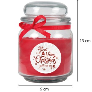Rote Duftkerze im Glas mit Weihnachtsdesign und Schleife, 70h Brenndauer.
