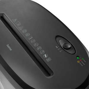 Hama Aktenvernichter Safe X120, Detailansicht des Bedienfelds mit LEDs und Schalter.