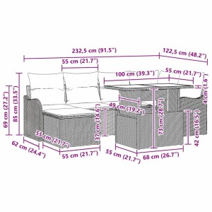 vidaXL Garten-Sofaset, 7-teilig, hellgraues Poly Rattan, mit Maßangaben.