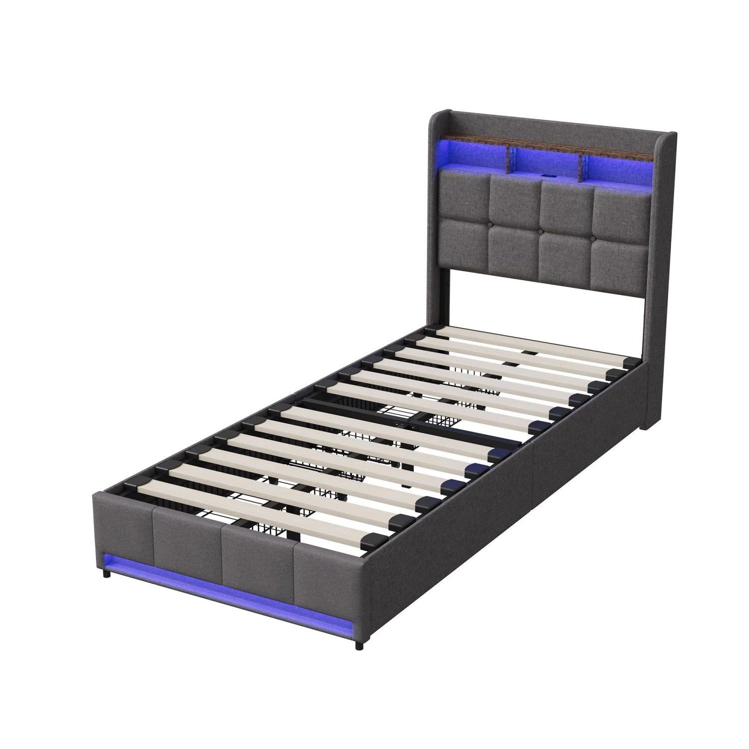 PXloue Bett 90x200cm Einzelbett in Grau mit Schubladen und LED-Beleuchtung