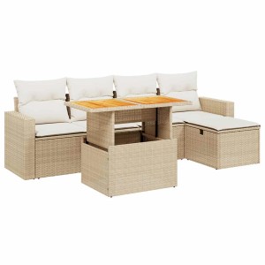 Beige 6-tlg. Garten-Sofagarnitur mit Kissen aus Polyrattan, inklusive Tisch mit Stauraum und verstellbarer Platte.