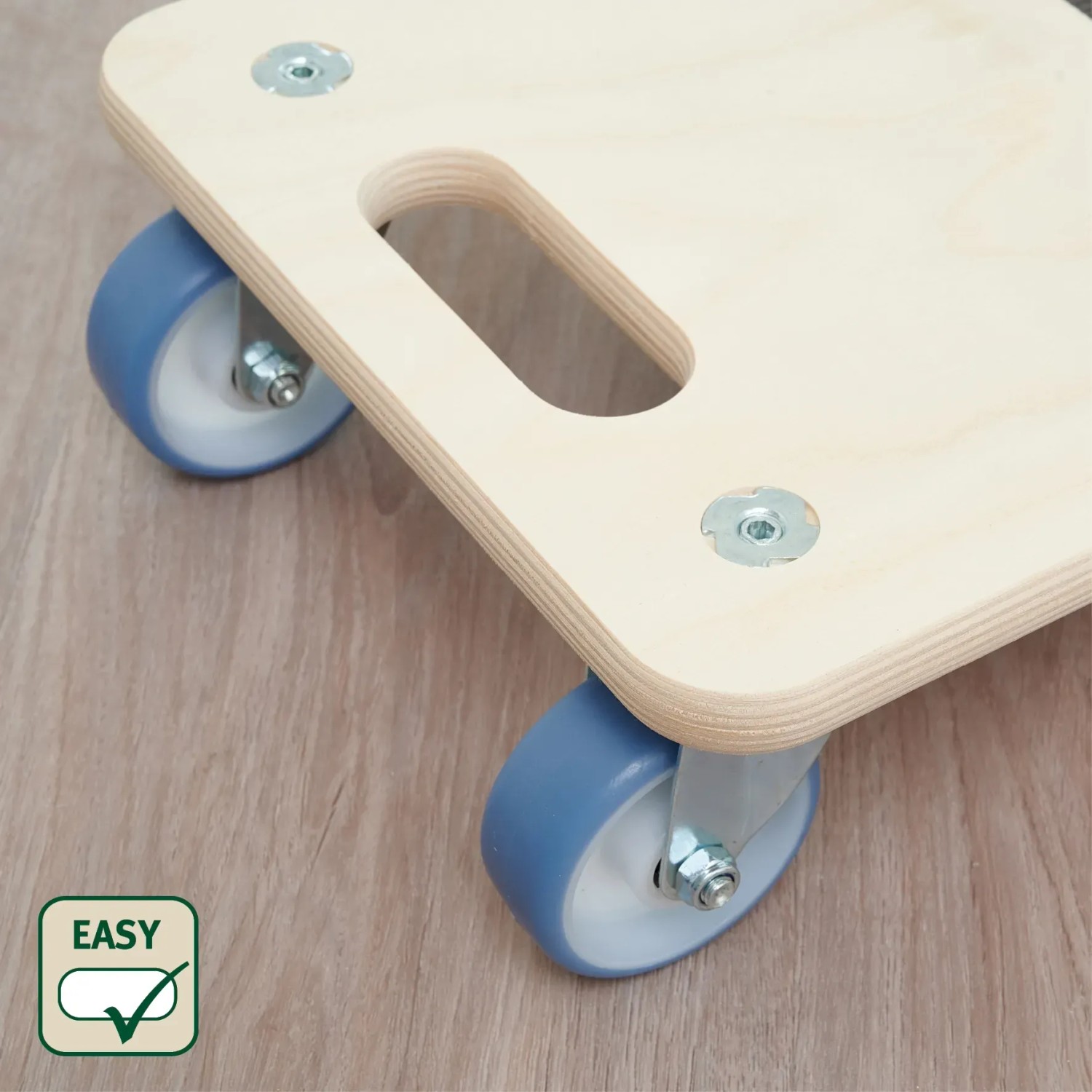 Wagner Transporthilfe 1325 mit blauen Rollen, Tragkraft 250 kg, aus FSC®-zertifiziertem Holz.