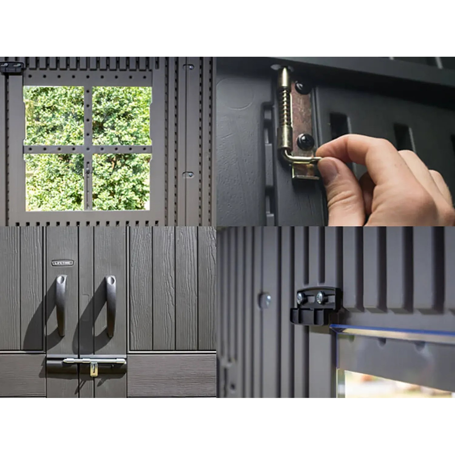 Details des Lifetime Kunststoff-Gerätehauses Stella 4,55 m²: Fenster, Türgriffe, Verriegelung und Wanddetails.