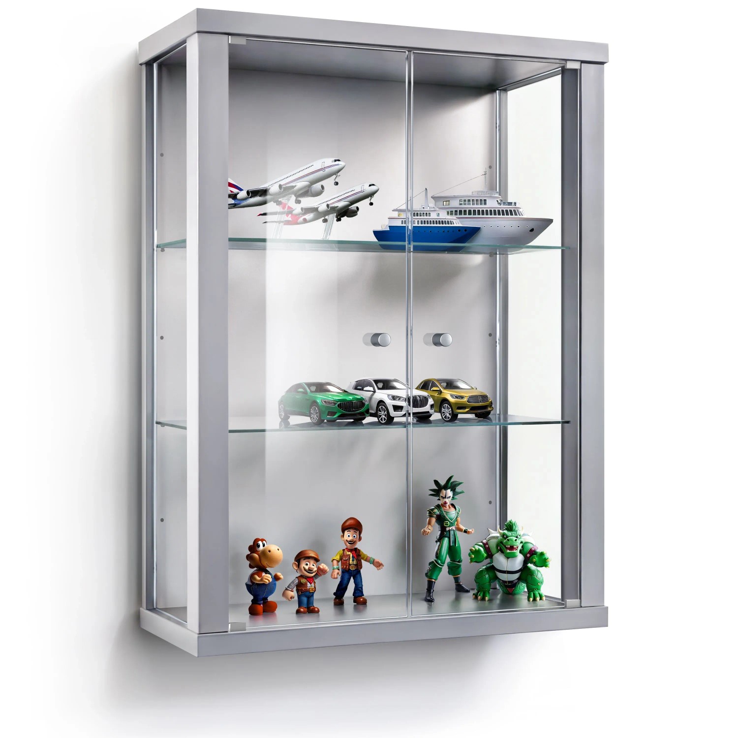 K-Möbel Hängevitrine Glas 80x60x25 cm Made in Germany mit 2 Höhenverstellbaren ESG Glasböden Silber