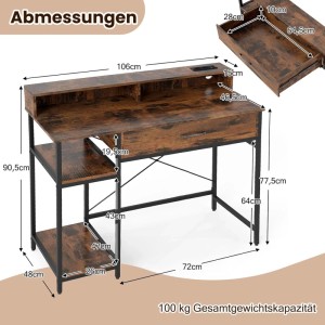 Costway Schreibtisch mit Steckdosen & Schublade & Abnehmbarem Regal Braun