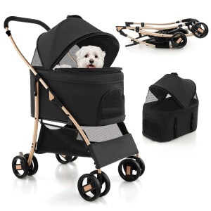 Costway 3-in-1 Hundebuggy, klappbar, bis 15 kg, schwarz, mit Hund und Transportbox.
