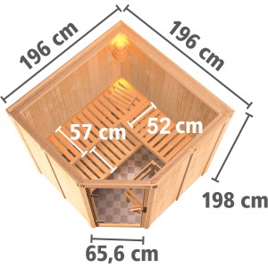 Karibu Sauna Jorma mit Bio-Ofen, Aufsicht: Holzsauna mit Liegen und Maßen.