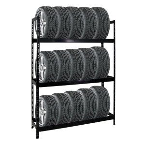 Schwarzes PROREGAL Reifenregal Tiger XL mit 18 Reifen auf 3 Ebenen. Ideal zur Reifenlagerung.