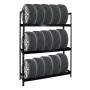 Schwarzes PROREGAL Reifenregal Tiger XL mit 18 Reifen auf 3 Ebenen. Ideal zur Reifenlagerung.