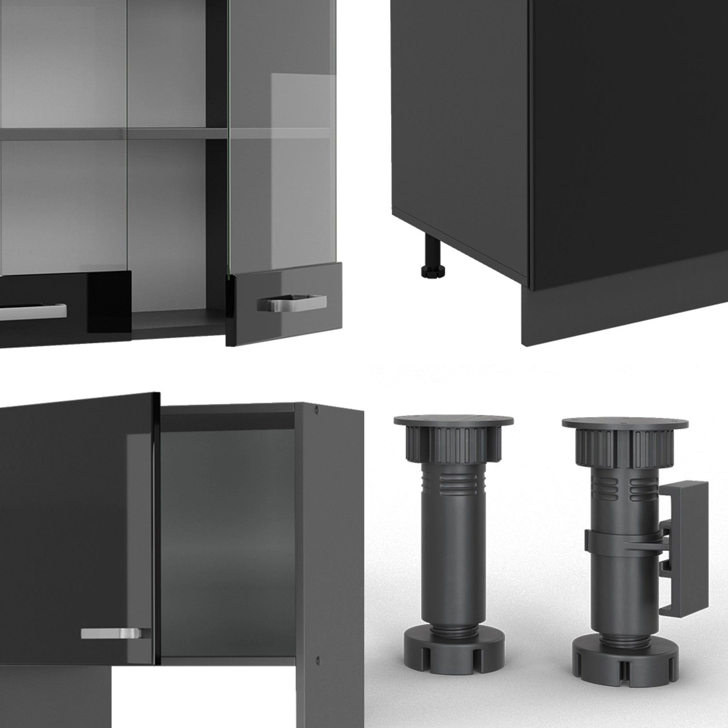 Vicco R-Line Küchenzeile 300cm, schwarz hochglanz/anthrazit, Details von Schränken und Füßen.