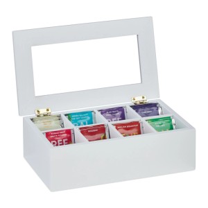 Weiße Relaxdays Teebox aus Bambus mit Acryl-Deckel und 8 Fächern zur Teebeutel Aufbewahrung.