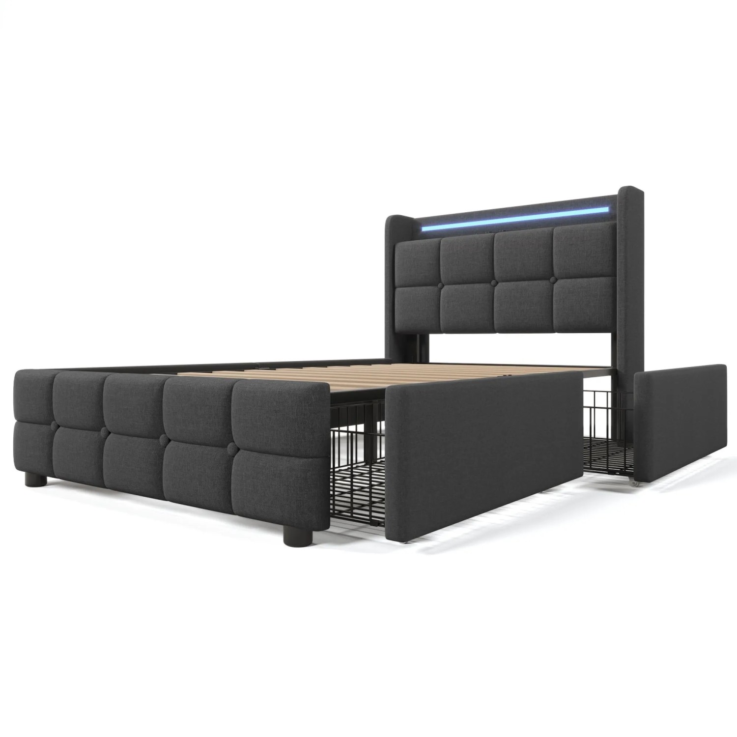 okwish Polsterbett 90x200cm mit LED Licht Schubladen USB Grau ohne Matratze