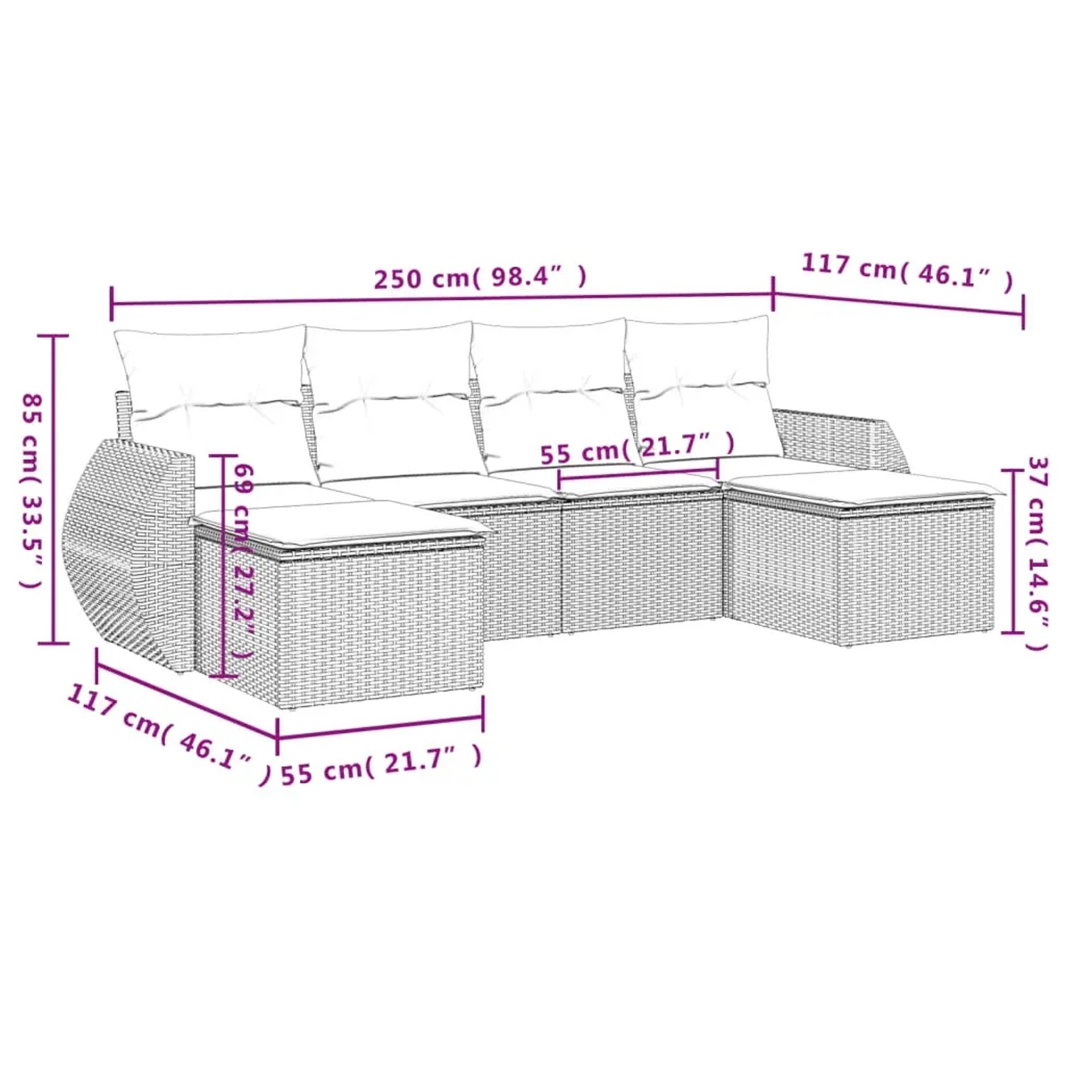 Hellgraue 6-tlg. Garten-Sofagarnitur aus Polyrattan mit Kissen, Maße eingezeichnet.