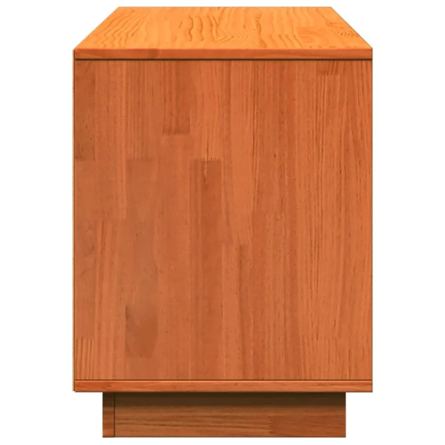 Wachsbrauner Schuhschrank aus massivem Kiefernholz, Seitenansicht. Robuste Schuhkommode mit Holzmaserung.