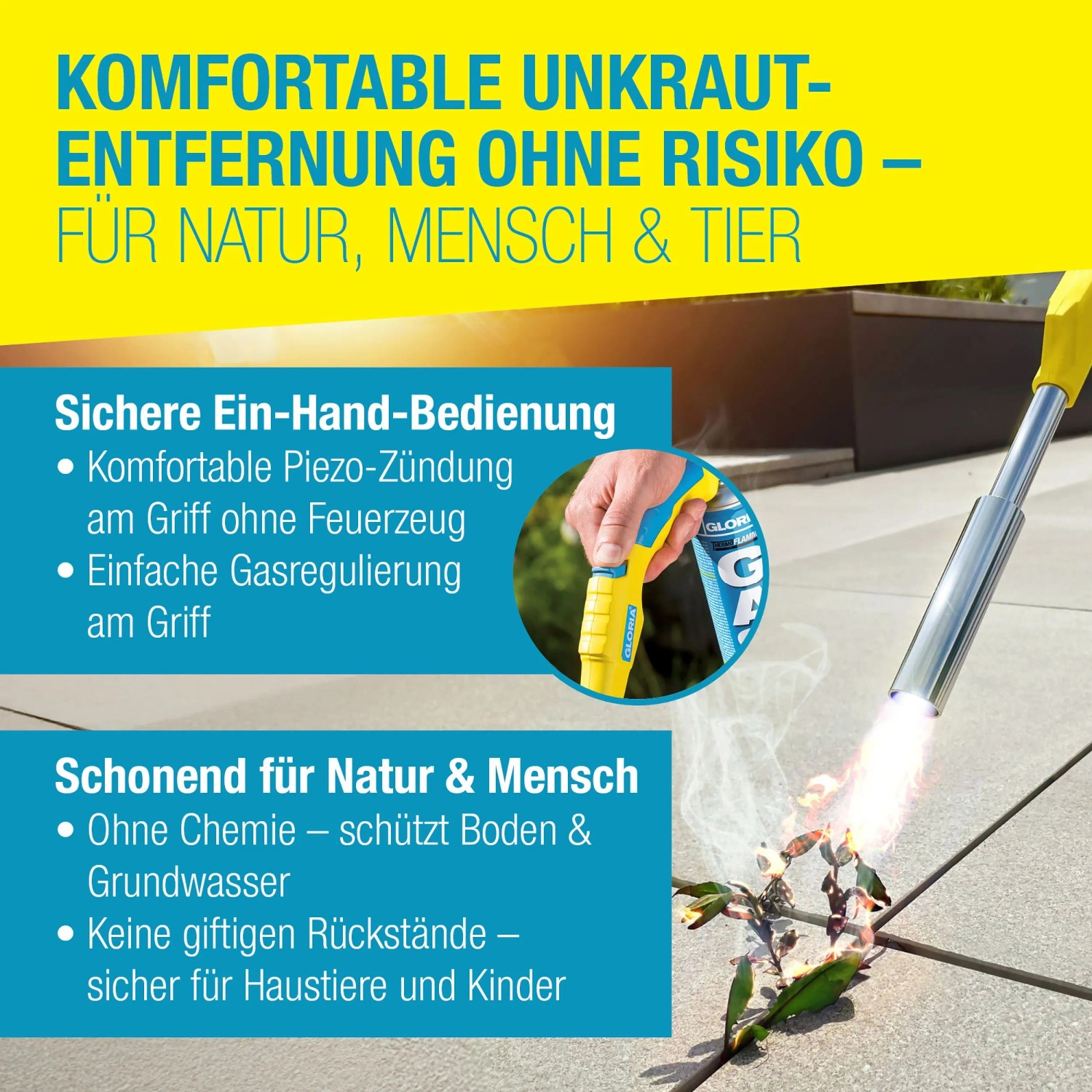 Gloria Thermoflamm bio Comfort Plus Unkrautbrenner mit Gaskartusche im Einsatz.