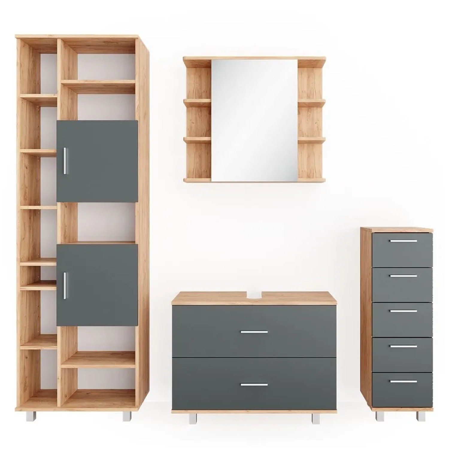 Vicco Badmöbel-Set Ilias Anthrazit/Goldkraft Eiche 80 x 61 4-teilig
